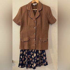 2 Piece Skirt Suit, Flowers on Navy Blue Background, Large